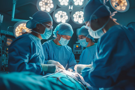 A dedicated surgical team is focused on a complex procedure under the bright lights of a state-of-the-art operating room.の素材