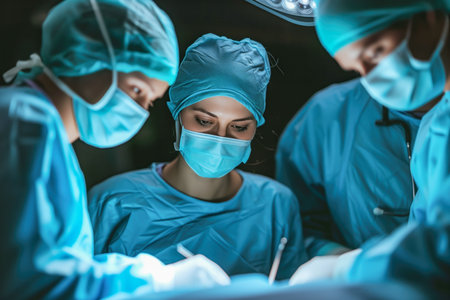 A dedicated surgical team is focused on a complex procedure under the bright lights of a state-of-the-art operating room.の素材