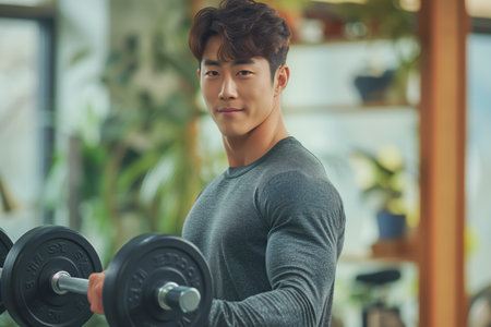 Cheerful young Asian man lifting dumbbells in a bright home environment, enjoying his fitness routine.の素材