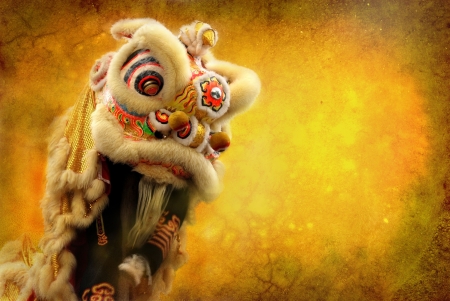 lion dance isolated on highly detailed textured grunge background frameの写真素材