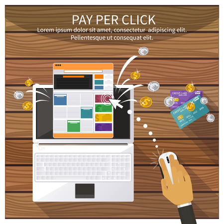 Flat design modern vector illustration concept of pay per click internet advertising model when the ad is clicked. Isolated on stylish backgroundのイラスト素材
