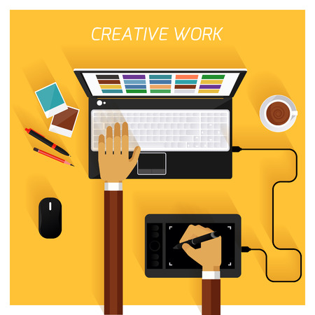 Team of designers working together on a computer. Creative team. flat design styleのイラスト素材