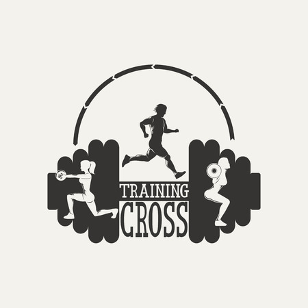 Fitness emblem. Silhouette running man, woman squats with a barbell.  Vintage Style illustration.のイラスト素材