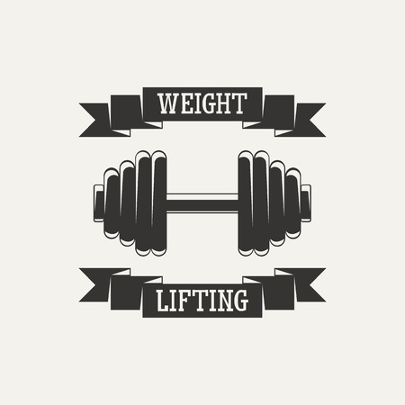 Vintage, hand drawn setsilhouette dumbbell and baners . Ribbon banners wheightlifting sports emblems.のイラスト素材