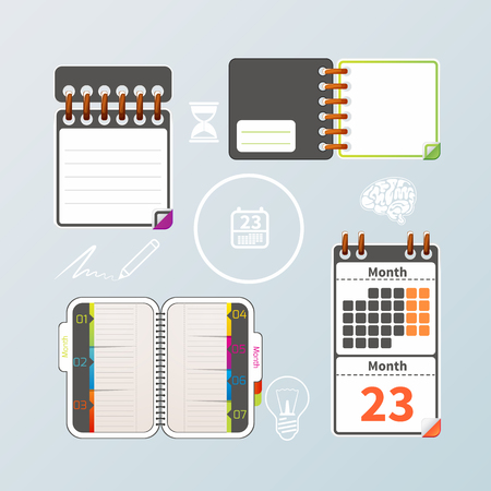 Colorful notebook and calendar set. Vector Illustration.のイラスト素材