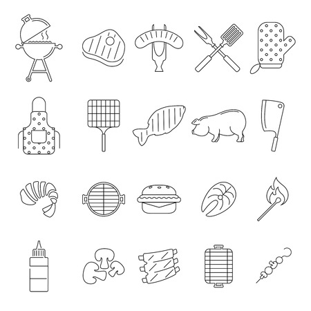 outline barbecue icons set on white background. BBQ Party Icons.のイラスト素材