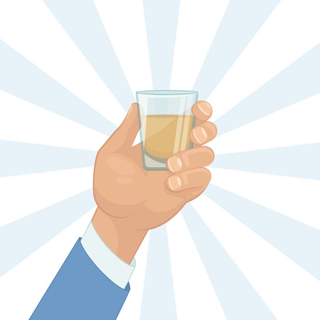 Male hand holding a shot of alcohol drink. Flat designのイラスト素材