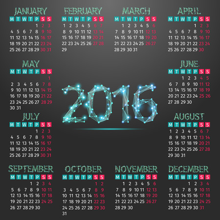 Calendar for 2016 on Black Background. Week Starts Monday. Simple Vector Templateのイラスト素材