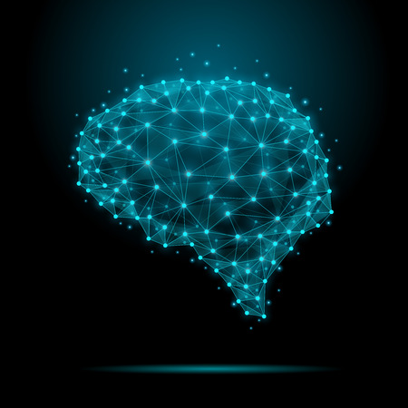 Polygonal human brain. The concept consists of polygons with luminous nodes at the intersections of the ribs. Vector illustrationのイラスト素材