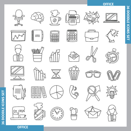 Icons for office and business topics in the style of black whitedoodles. Hand drawn. Vector illustration. line artのイラスト素材