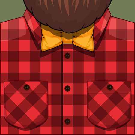 Bearded Man cartoon illustration. Hipster man with beard. Bearded Man in red checkered shirt and yellow bow tie. Barber client.のイラスト素材