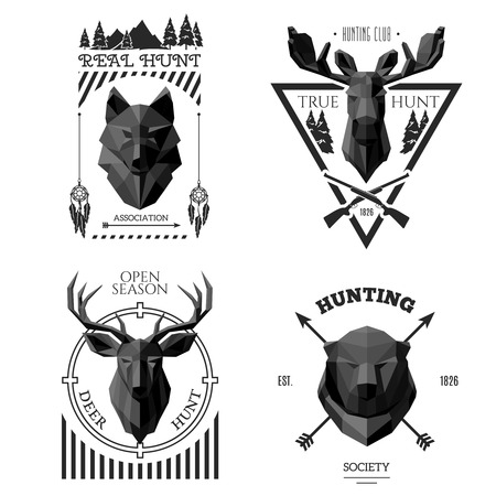 Hunting head labels. Origami animals in the center . Hunting society label. Polygonal illustrationのイラスト素材