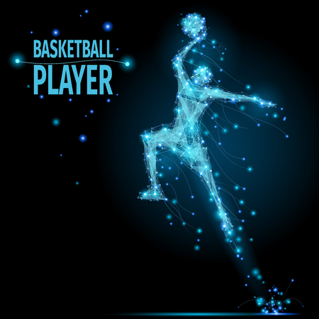 Abstract basketball player in motion with cybernetic particles. Vector mesh spheres from flying debris. Basketball man jumping polygonal thin line concept.のイラスト素材