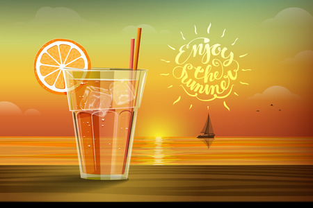 Cold drink with ice and slice of orange on the glass on the sunset background and boat with sails on the horizon. Enjoy the summer lettering on the orange yellow background. illustrationのイラスト素材