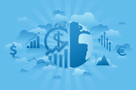 Global economics concept in cloud and blue sky style. Flat line illustration.のイラスト素材