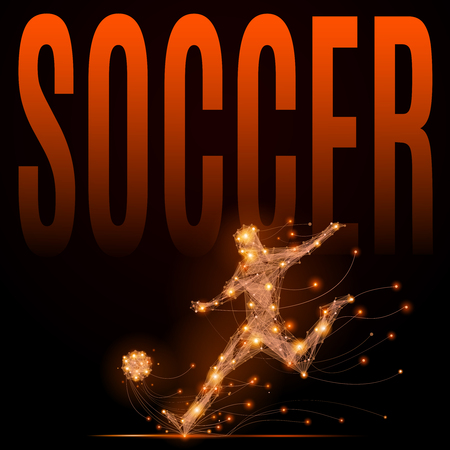 Soccer player hits the ball. Abstract silhouette of football player of glowing lines and points in motion. Imitation fiery athletes body.のイラスト素材