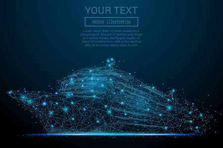 Abstract tourist liner in motion. Silhouette of a ship made of lines and points. Blue structure style vector illustrationのイラスト素材