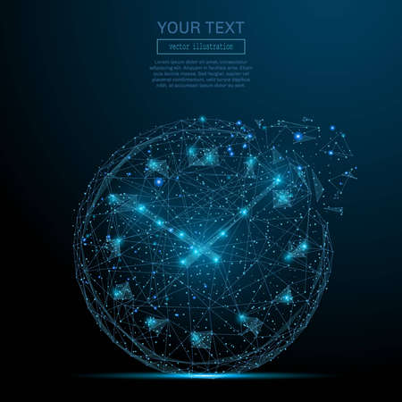 Polygonal clock concept. Vector mesh spheres from flying debris. Thin line concept. Blue structure style illustrationのイラスト素材