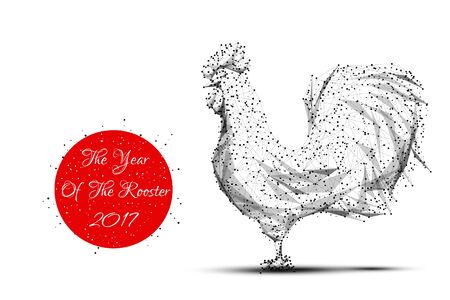 New Year 2017 poster with polygonal rooster grey. Cock of low poly wireframe concept. Merry Christmas card. Illustration EPS10. Connection structure.のイラスト素材