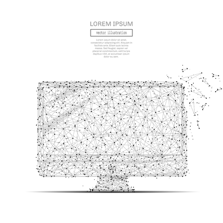 Grey COMPUTER with polygon line on black abstract background. Polygonal space low poly with connecting dots and lines. Connection structure. Vector science background.のイラスト素材