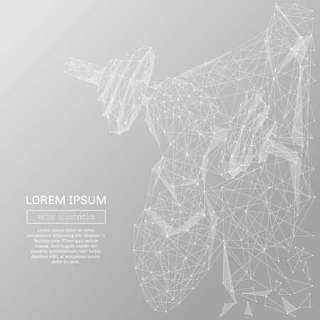 White abstract businessman with dumbbell polygonal, geometry triangle. Light connection structure of coin. Low poly vector on gray background. Connection structureのイラスト素材