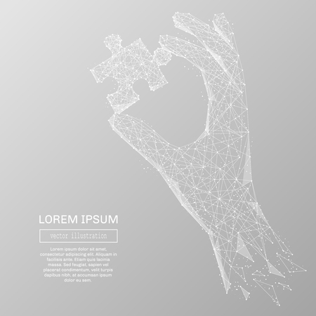 White abstract hand holding puzzle polygonal, geometry triangle. Light connection structure of coin. Low poly vector on gray background. Connection structureのイラスト素材