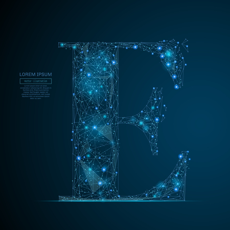 Abstract image of the letter E of a starry sky or space, consisting of points, lines, and shapes in the form of planets, stars and the universe. Vector businessのイラスト素材