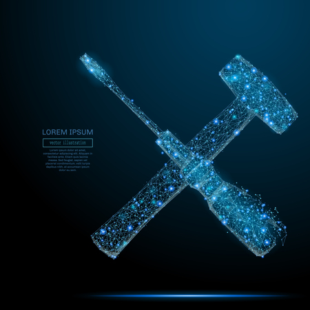 Abstract image of Screwdriver and hammer of a starry sky or space, consisting of points, lines, and shapes in the form of planets, stars and the universe. Vector businessのイラスト素材
