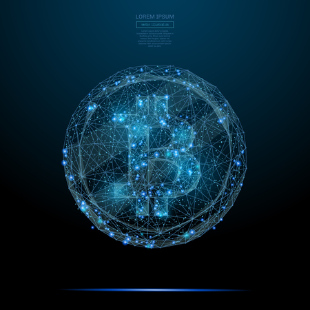 Abstract image of a bitcoin logo in the form of a starry sky or space, consisting of points, lines, and shapes in the form of planets, stars and the universe. Vector coin wireframe concept.のイラスト素材