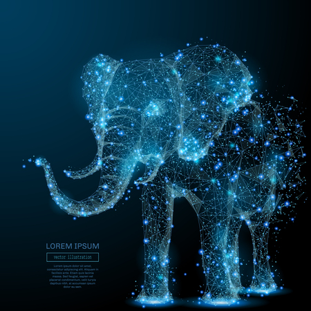 Elephant isolated from low poly wireframe on dark background. Vector polygonal image in the form of a starry sky or space, consisting of points, lines, and shapes in the form of stars and the universeのイラスト素材