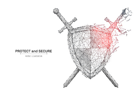 Abstract polygonal Shield and Swords isolated on white background. Low poly wireframe vector illustration. Protect and secure concept digital concept mash line and point with destruct shapes.のイラスト素材