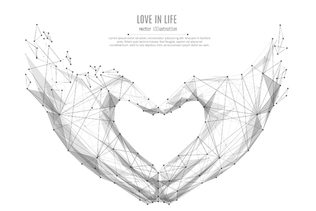 Abstract mash line and point Love shape hands origami on white background with an inscription. Starry sky or space, consisting of stars and the universe. Vector love gesture illustrationのイラスト素材