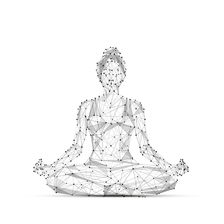 Abstract mash line and point. A woman yogi sits in a lotus pose. origami on white background. Starry sky or space, consisting of stars and the universe. Vector yoga illustrationの写真素材