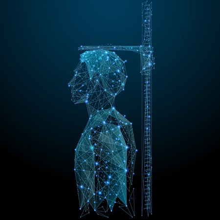 Measuring height low poly wireframe. Male on Vector polygonal image in the form of a starry sky or space, consisting of points, lines, and shapes in the form of stars with destruct shapes.のイラスト素材