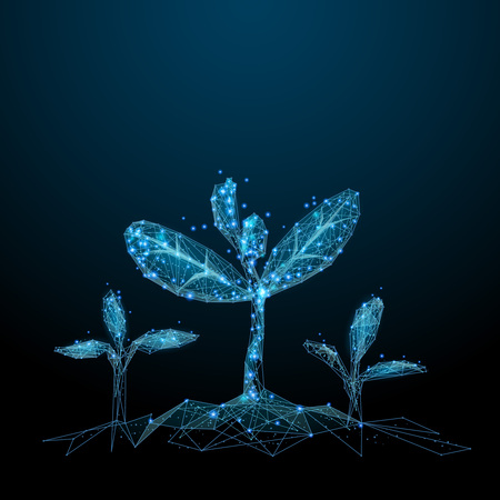 Seedling. Low poly blue. Polygonal abstract health illustration. In the form of a starry sky or space. Vector image in RGB Color mode.のイラスト素材