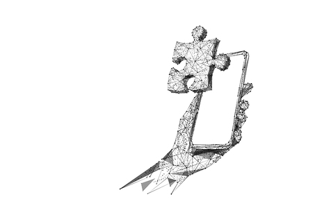 Puzzle piece on smartphone screen isolated from low poly wireframe on whiteのイラスト素材