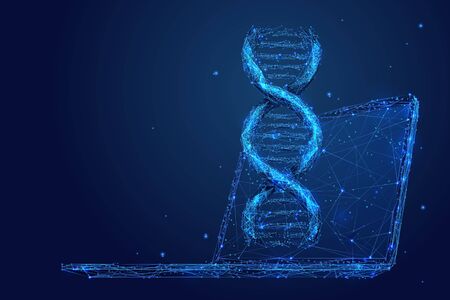 Genetic engineering low poly wireframe illustration. 3D DNA spiral and computer with connected dots....