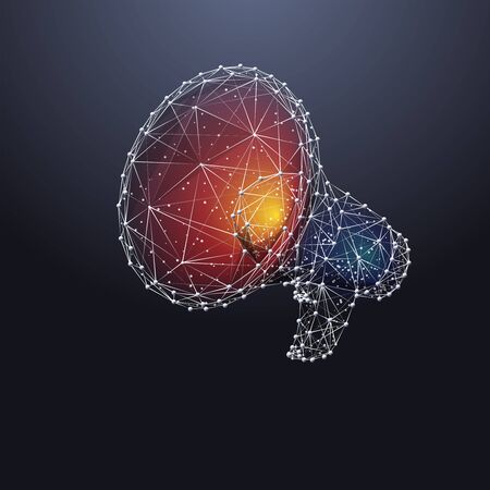 Megaphone. Low poly wireframe marketing blue background or concept with hand loudspeaker. Vector illustration. Online or digital marketing. Abstract polygonal image of speaker with color light.のイラスト素材