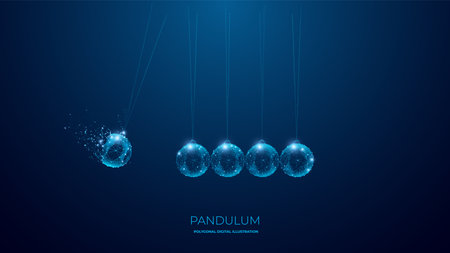 Pendulum Newton Cradle or Balancing Balls. Polygon digital isolated vector image on dark background. Technology science concept. EPS10.のイラスト素材