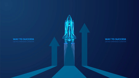 Abstract space shuttle and arrows up. Digital rocket launches. Start-up and success business start concept. Low poly wireframe 3D Vector illustration in technology blue on a dark futuristic backgroundのイラスト素材