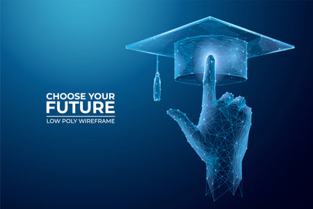 Hand pointing at graduation cap on technology blue background. Choice of education concept. 3D low poly wireframe vector illustration in form of a starry sky or space.のイラスト素材