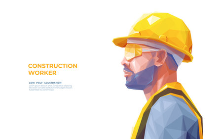 Construction Worker Man Wearing a Uniform, Glasses, and Yellow Safety Helmet. Builder in Hard Hat. Isolated Polygonal Vector Illustration on White Background. Modern Geometrical Low Poly Style.のイラスト素材