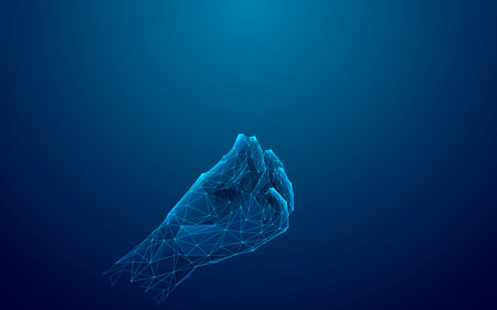Abstract Digital Human Hand Holdings Something. Low poly Young Man or Woman Gesture on Blue Technology Background. Wireframe 3D vector illustration. Polygonal Fingers with Connected Glowing Dots.のイラスト素材