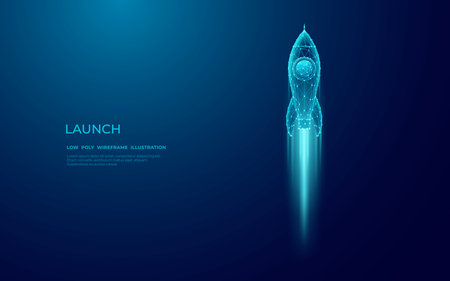 Digital rocket launch into outer space. Boosting and takeoff career concept. Abstract spaceship in blue on technological background. Low poly wireframe vector illustration with 3D effect.のイラスト素材