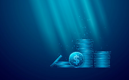 Stack of Dollar Coins on Modern Blue Background. Digital Money Concept. Futuristic Low Poly Wireframe Vector Illustration. Abstract towers made out of coins consist of connected dots and polygons.のイラスト素材