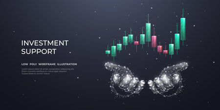 Digital abstract human hands holding Japanese candlesticks. Red and green. The conception of investment support or financial literacy help. Low polygonal vector illustration on dark gray background.のイラスト素材