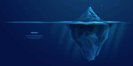 Digital Antarctic iceberg in the ocean in futuristic polygonal style on dark blue technology background. Abstract Metaphor of Big Data or hard work to success. Low poly wireframe vector illustration.のイラスト素材