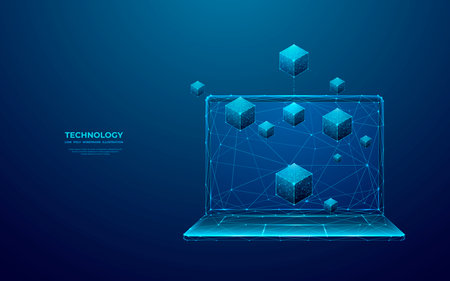 Abstract digital isometric blockchain on opened laptop. Linked blocks on a computer screen. Technology or metaverse concept. 3D vector illustration on blue background in futuristic low poly wireframe.のイラスト素材