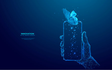 Digital butterfly flies away from the smartphone screen. Abstract close-up human hand holding phone with a blue hologram of insect over the screen. Futuristic low poly wireframe vector illustration.のイラスト素材