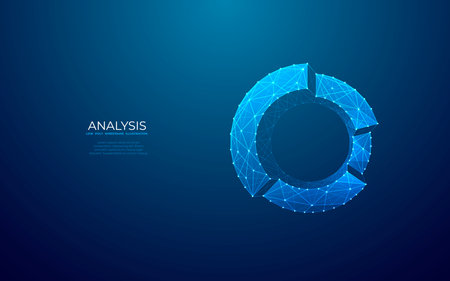 Abstract pie chart top view on technology blue background in futuristic low poly wireframe hologram style. Business analysis concept. Polygonal digital circle diagram or graph chart with 3D effect.のイラスト素材